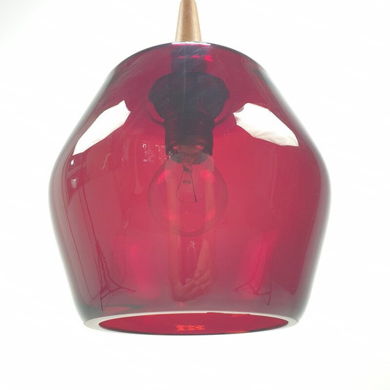 Image 1 of Lampe suspendue vintage en verre et teck, Pays-Bas 1970