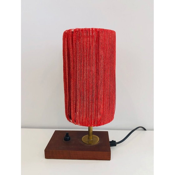 Image 1 of Lampe vintage en bois, laiton et laine, France 1950