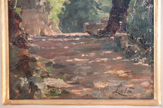 Image 1 of Artiste italien, Chemin dans les bois, peinture à l'huile sur carton, fin du 19e siècle