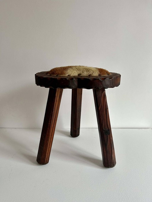  Tabouret Tripode En Bois Et Peau De Vache - France 1960