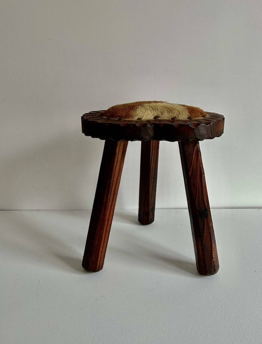  Tabouret Tripode En Bois Et Peau De Vache - France 1960