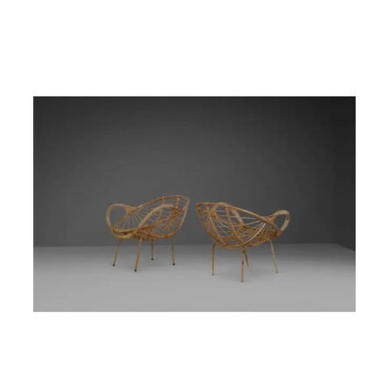 Image 1 of 2x Fauteuils en rotin et métal modernes du milieu du siècle