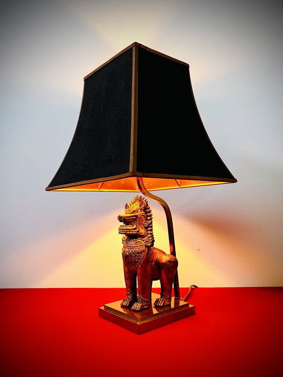 Image 1 of Lampe de table vintage Thai Singha Lion / Foo Dog - dans le style "Maison Jansen" - années 1960