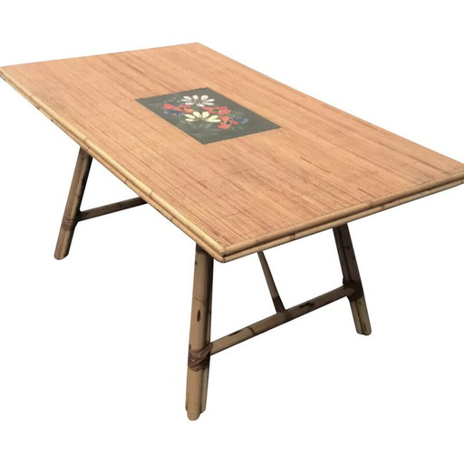 Table vintage en jonc et bambou, 1950