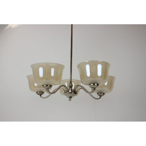 Image 1 of Lustre vintage art déco en métal et verre, Tchécoslovaquie 1930