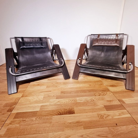 Image 1 of Paire de fauteuils vintage en bois et cuir par Sonja Wasseur pour Wasseur Studio, Pays-Bas 1960