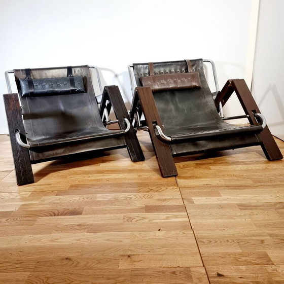 Image 1 of Paire de fauteuils vintage en bois et cuir par Sonja Wasseur pour Wasseur Studio, Pays-Bas 1960