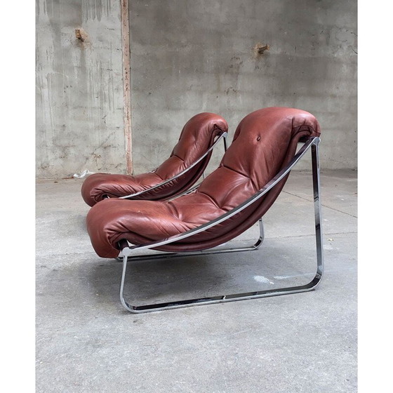 Image 1 of Paire de fauteuils vintage en acier inoxydable et cuir, Roche&Bobois, 1970
