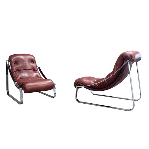 Paire de fauteuils vintage en acier inoxydable et cuir, Roche&Bobois, 1970