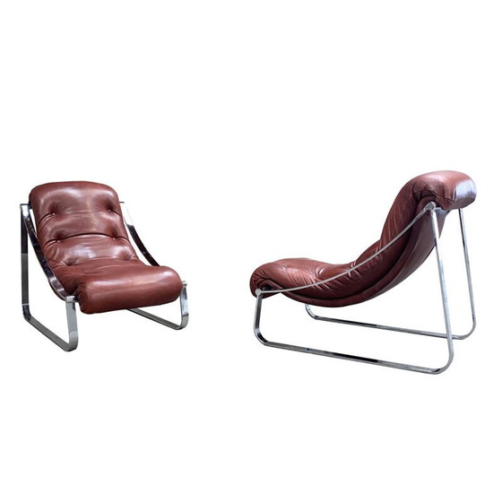 Image 1 of Paire de fauteuils vintage en acier inoxydable et cuir, Roche&Bobois, 1970