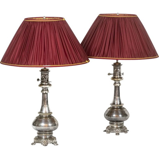 Paires de lampes vintage en métal et bronze argenté, France 1880