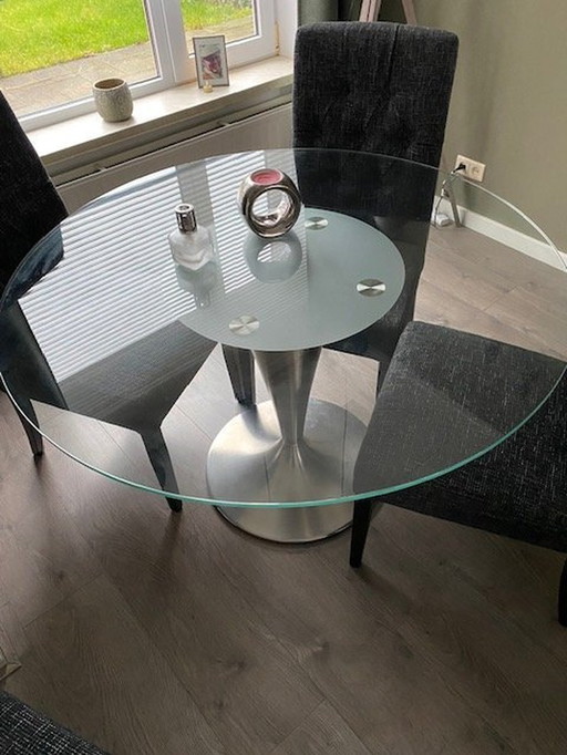 Sumisura Table de salle à manger ronde en verre avec pied en acier inoxydable brossé