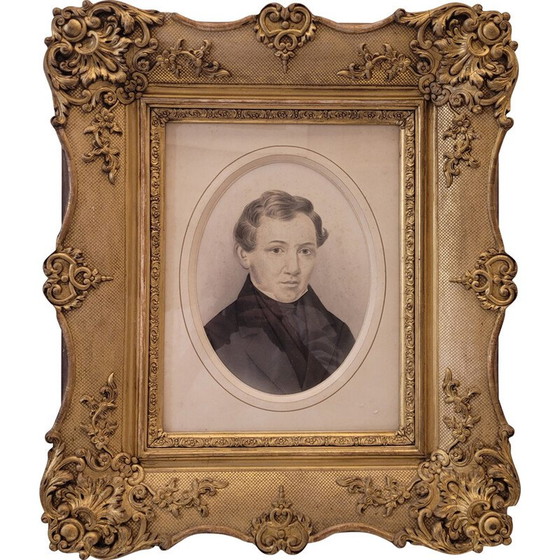 Image 1 of Noble portrait vintage avec cadre sculpté, France