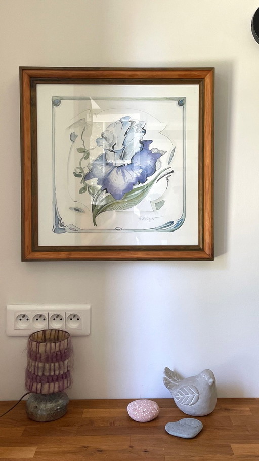 Fleur D’Iris Sur Papier Encadrement Bois Vintage