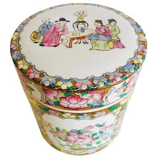 Boite à thé chinoise vintage en porcelaine peinte à la main pastel 1960s
