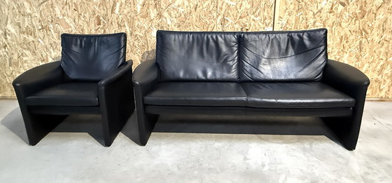 Image 1 of Vintage Leolux By Antipode Black Leather Sofa With Armchair