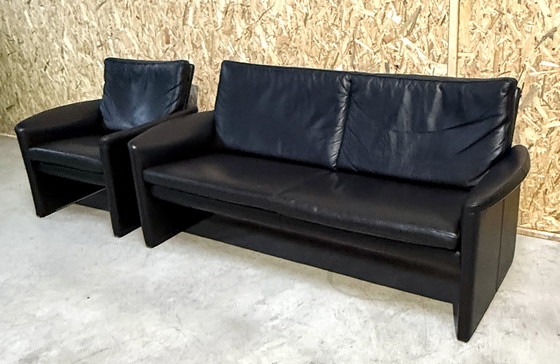 Image 1 of Vintage Leolux By Antipode Black Leather Sofa With Armchair