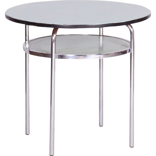 Table ronde vintage Bauhaus en acier chromé et bois laqué, Tchécoslovaquie 1930