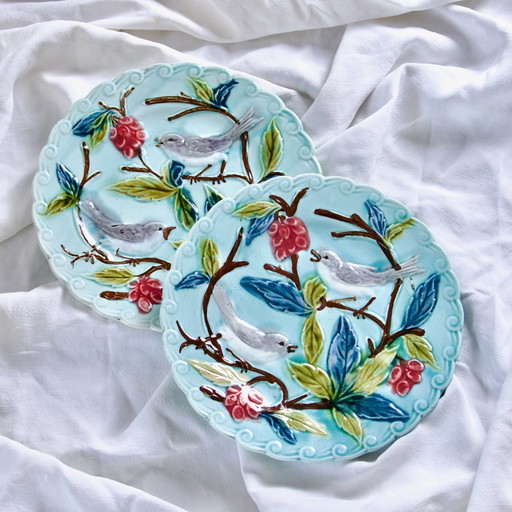 Duo D'Assiettes Xixe En Barbotine Turquoise Décor Oiseaux