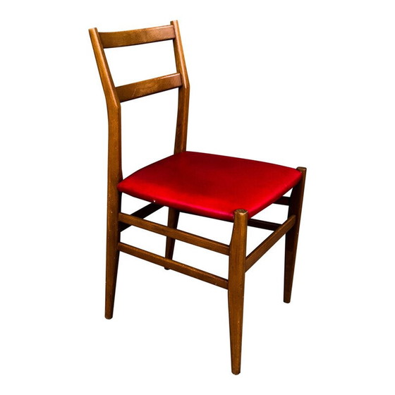 Image 1 of Ensemble de 6 chaises vintage en frêne et faux cuir rouge "leggera" par Gio Ponti pour Cassina, 1950