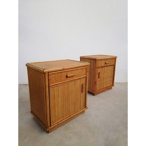 Paire de tables de nuit vintage en rotin, Italie 1970