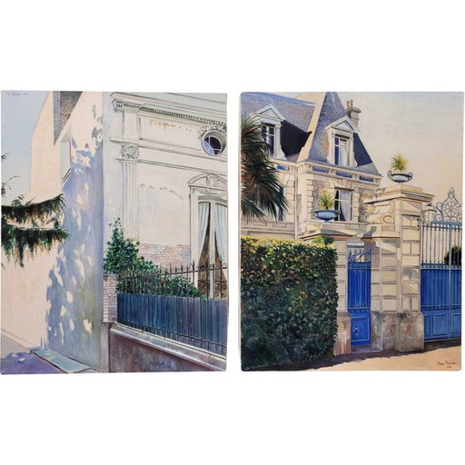 Paire de peintures à l'huile anciennes représentant 2 vues de maisons élégantes en plein jour