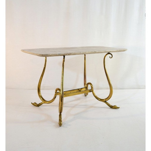 Elégante table de cocktail vintage avec pieds de cygne et marbre beige neutre, Italie 1950