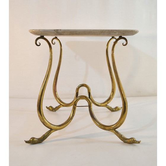 Image 1 of Elégante table de cocktail vintage avec pieds de cygne et marbre beige neutre, Italie 1950