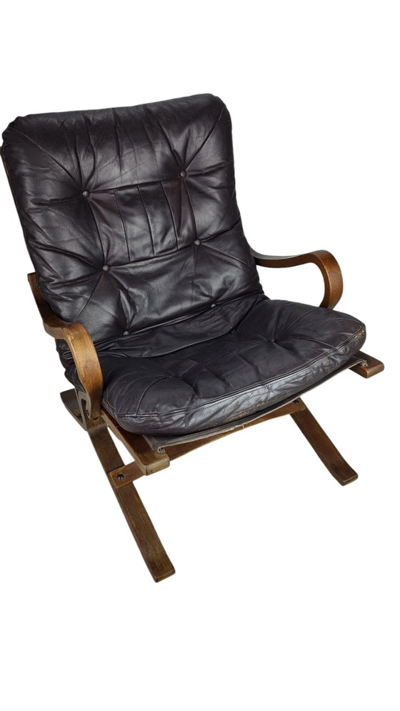 Image 1 of Fauteuil scandinave vintage - cuir marron