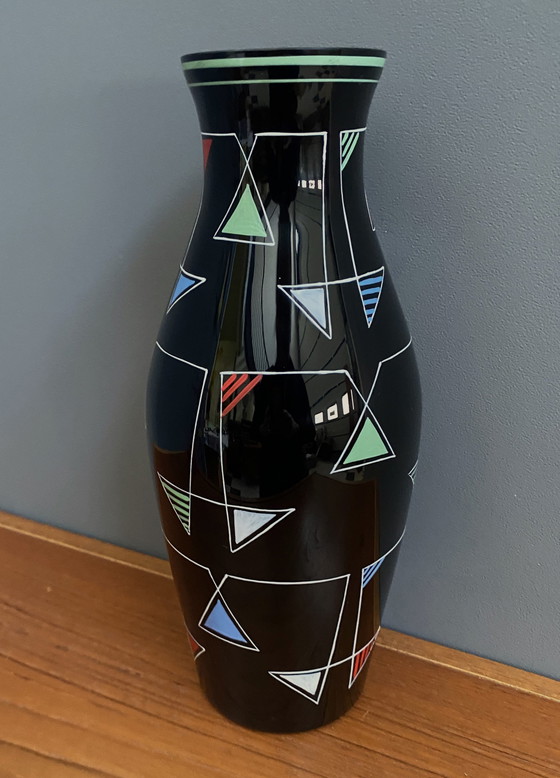 Image 1 of Vase en verre noir avec décoration en émail par Veb Wasungen 1970S