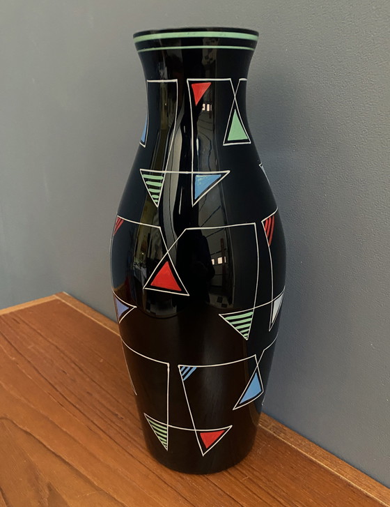 Image 1 of Vase en verre noir avec décoration en émail par Veb Wasungen 1970S