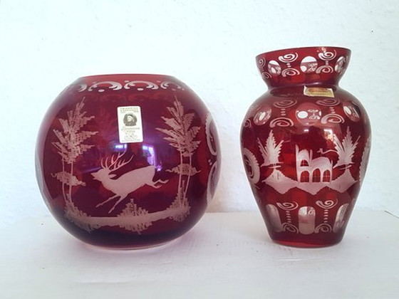 Image 1 of Rubin Red Bohemian Vases With Forest Motif, Set Of 2