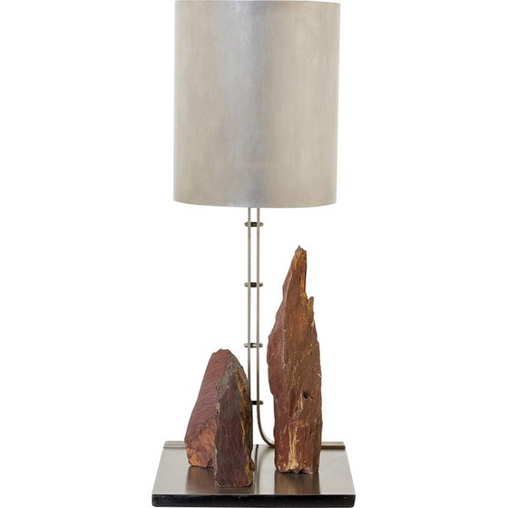 Image 1 of Lampe vintage en acier brossé et schiste rouge par Philippe Jean, 1970
