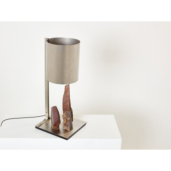 Image 1 of Lampe vintage en acier brossé et schiste rouge par Philippe Jean, 1970