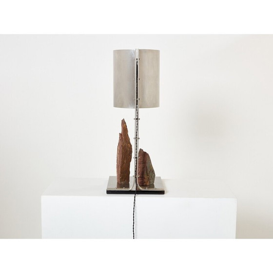 Image 1 of Lampe vintage en acier brossé et schiste rouge par Philippe Jean, 1970