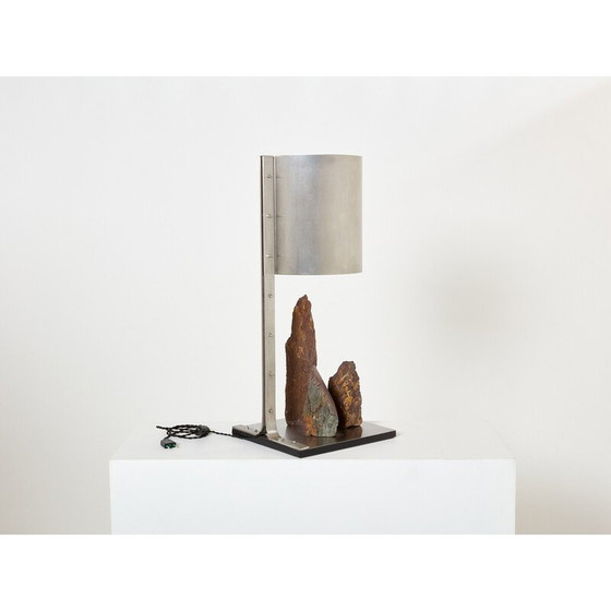 Image 1 of Lampe vintage en acier brossé et schiste rouge par Philippe Jean, 1970