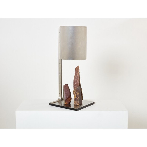 Image 1 of Lampe vintage en acier brossé et schiste rouge par Philippe Jean, 1970