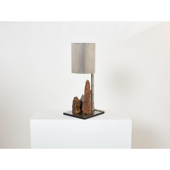 Image 1 of Lampe vintage en acier brossé et schiste rouge par Philippe Jean, 1970