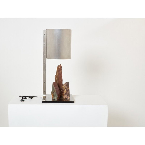 Image 1 of Lampe vintage en acier brossé et schiste rouge par Philippe Jean, 1970