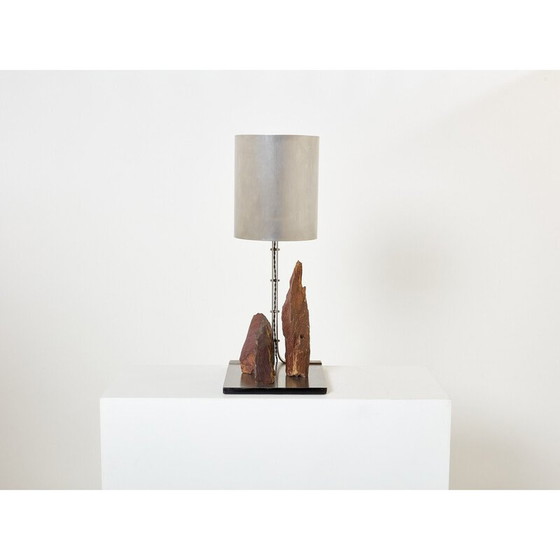 Image 1 of Lampe vintage en acier brossé et schiste rouge par Philippe Jean, 1970