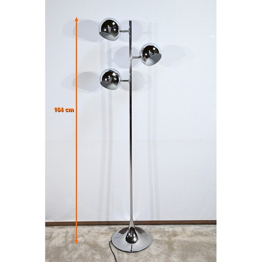 Lampadaire vintage en métal chromé avec 3 bras, 1970