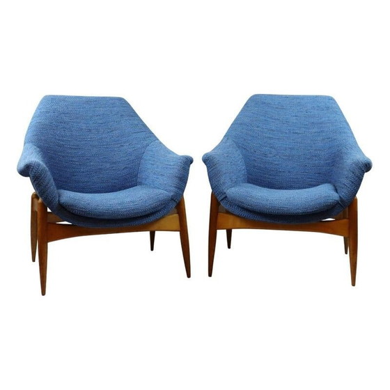 Image 1 of Paire de fauteuils vintage en tissu bleu par Julia Gaubek, Hongrie 1950