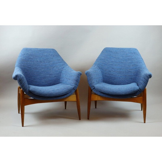 Image 1 of Paire de fauteuils vintage en tissu bleu par Julia Gaubek, Hongrie 1950