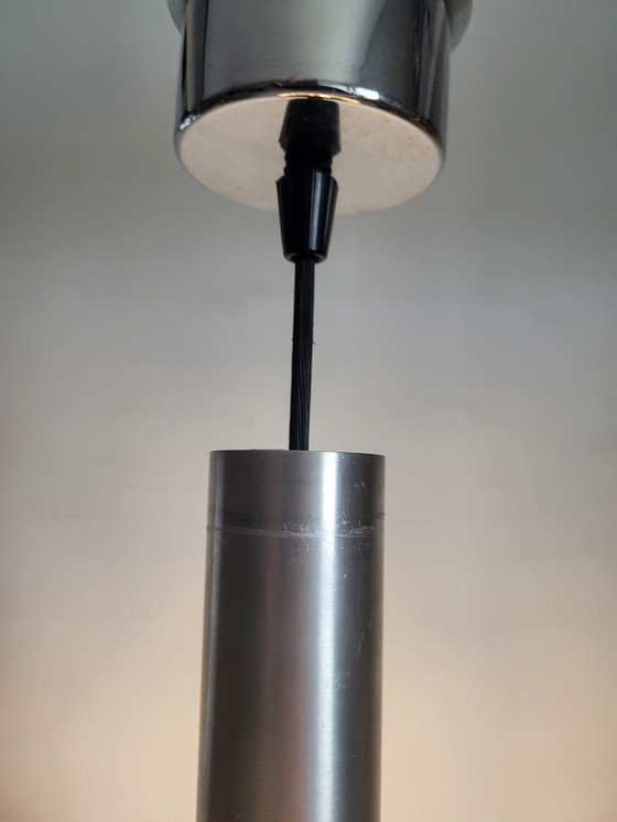 Image 1 of Lampe pendante Ufo vintage noir mat, abat-jour en verre, finition chromée, années 1950