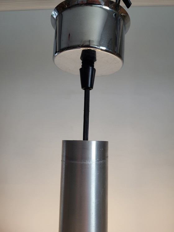 Image 1 of Lampe pendante Ufo vintage noir mat, abat-jour en verre, finition chromée, années 1950