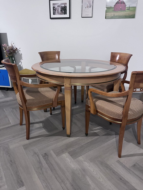 Image 1 of Table ronde vintage en bois et verre avec 4 chaises