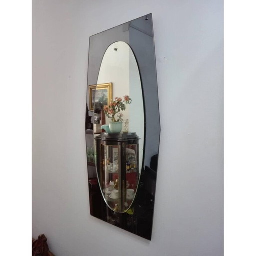 Miroir biseauté vintage en verre caramel et têtes de vis en laiton nickelé par Veca, Italie 1960