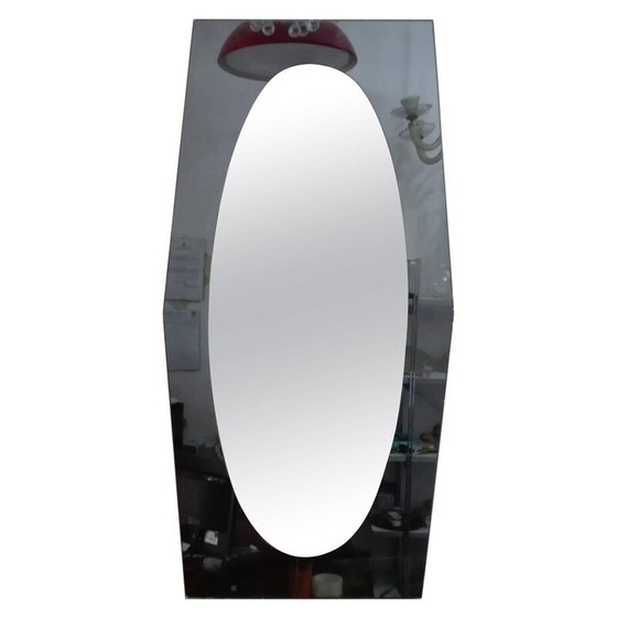 Image 1 of Miroir biseauté vintage en verre caramel et têtes de vis en laiton nickelé par Veca, Italie 1960