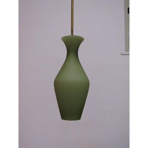 Image 1 of Lustre vintage en verre vert avec une structure en laiton Stilnovo 1950