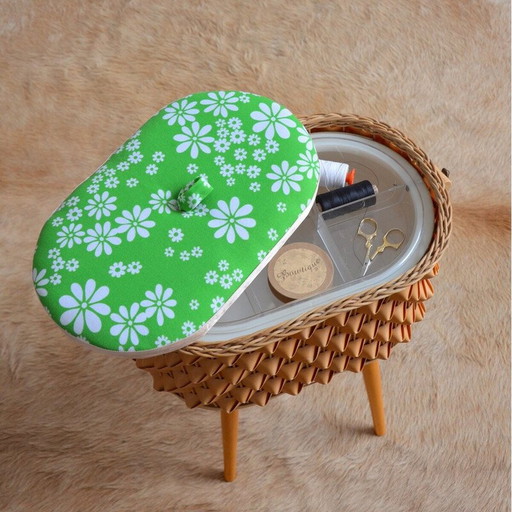 Boîte à couture vintage en bois et rotin, 1960